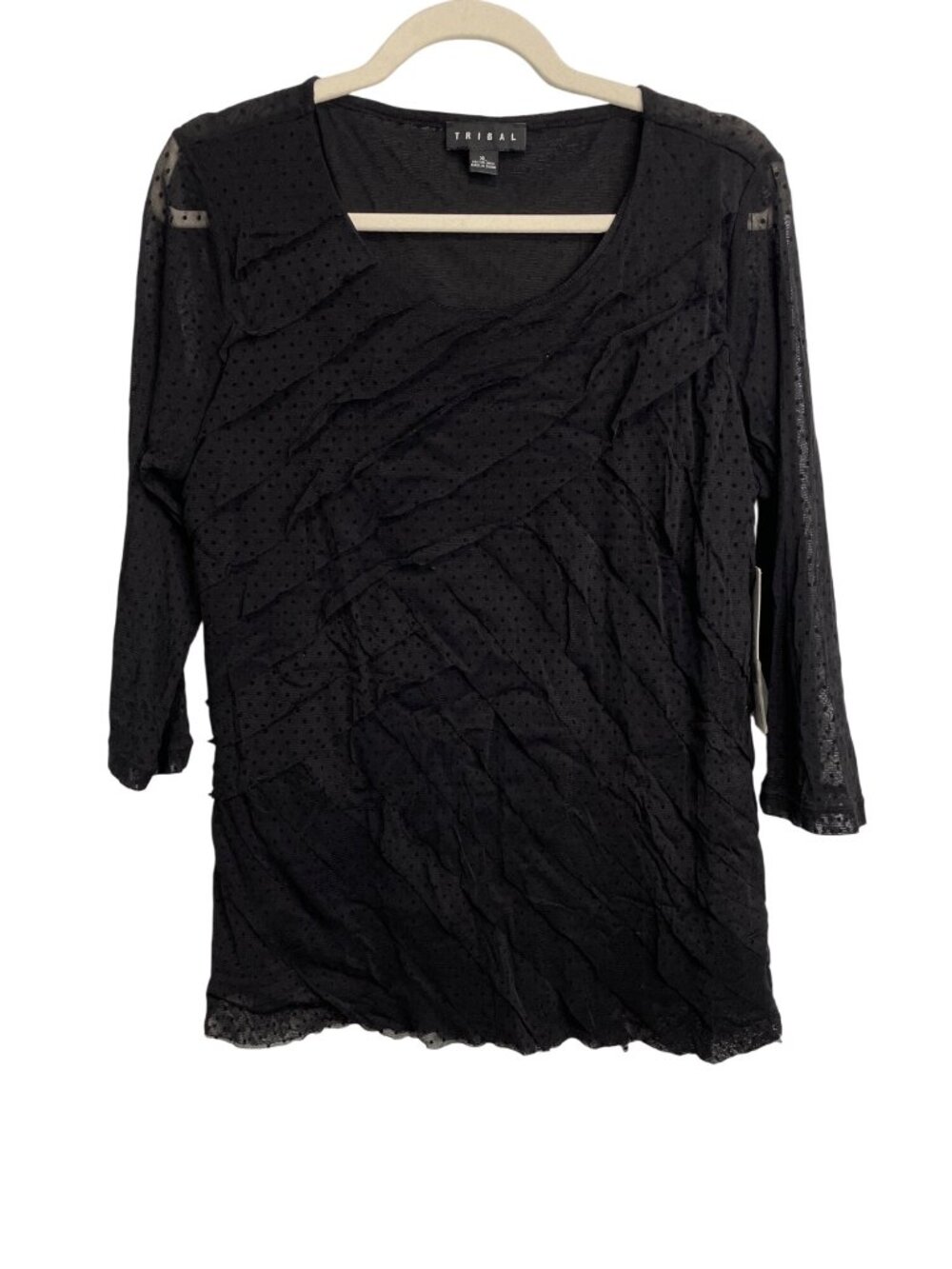 Tribal Top XL 3/4 Sleeve Polka Dot Blouse Black Semi Sheer Tee Dark Feminine NEW
